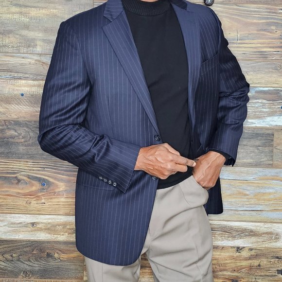 John W. Nordstrom Flextech Wool Navy Blue Striped Dual Vent Blazer Jacket 42R - Picture 8 of 11